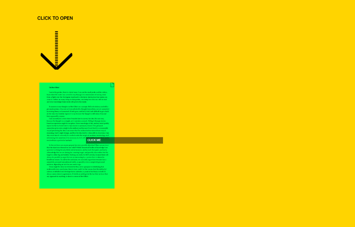 Yellow background with green text block, black arrow pointing down labeled "CLICK TO OPEN", and brown "CLICK ME" button extending from the text area.