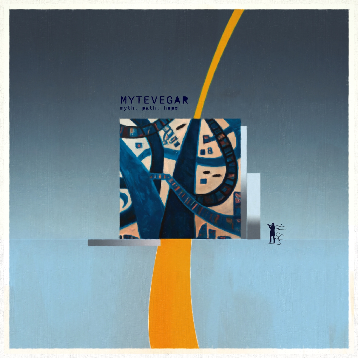 Album artwork for Karl Seglem's "Mytevegar" featuring abstract geometric composition with blue-orange gradient background, central artistic panel with blue tentacle-like forms, and small silhouetted figure.