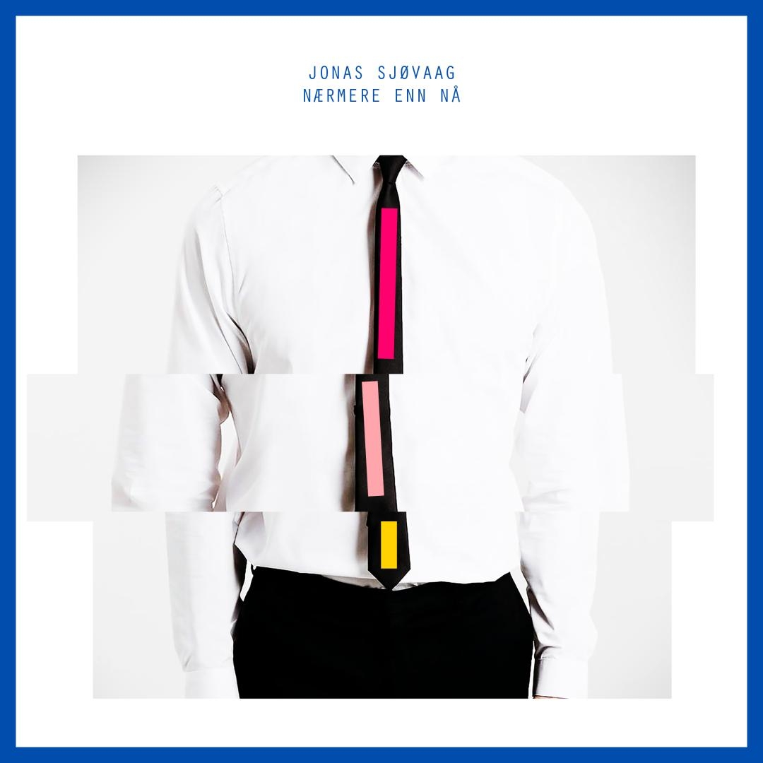 Album cover showing person in white dress shirt and black pants wearing a geometric tie with pink, magenta and yellow color blocks against white background