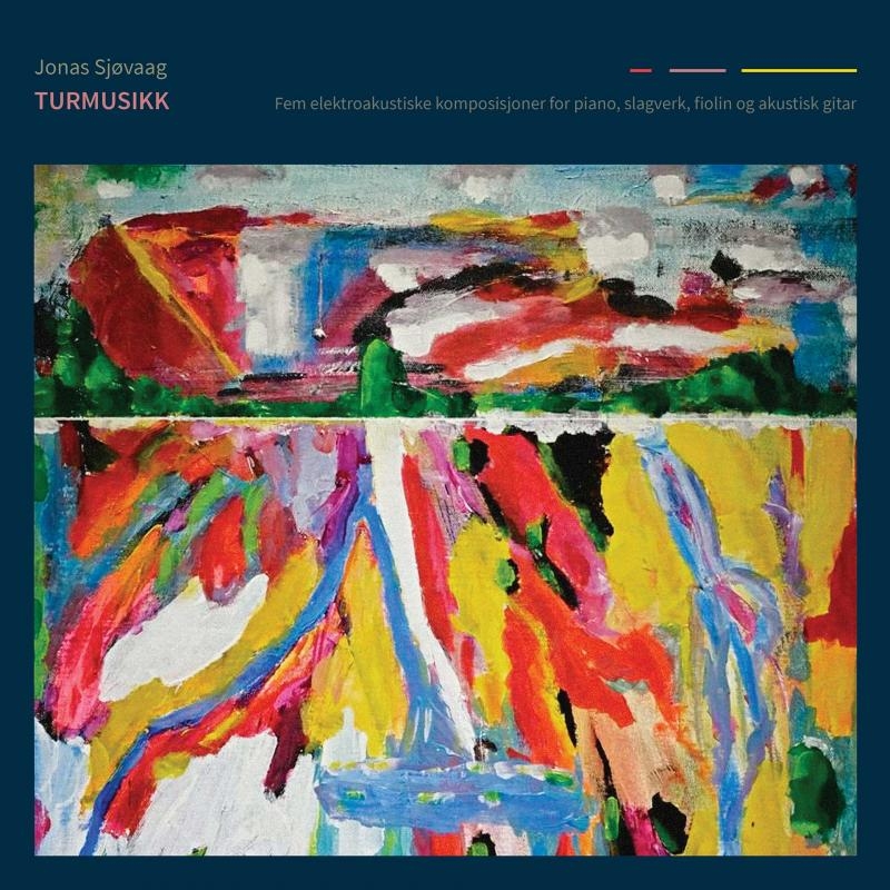 Abstract expressionist painting with vibrant red, yellow, blue, and green brushstrokes creating dynamic landscapes across two horizontal sections on dark teal background.