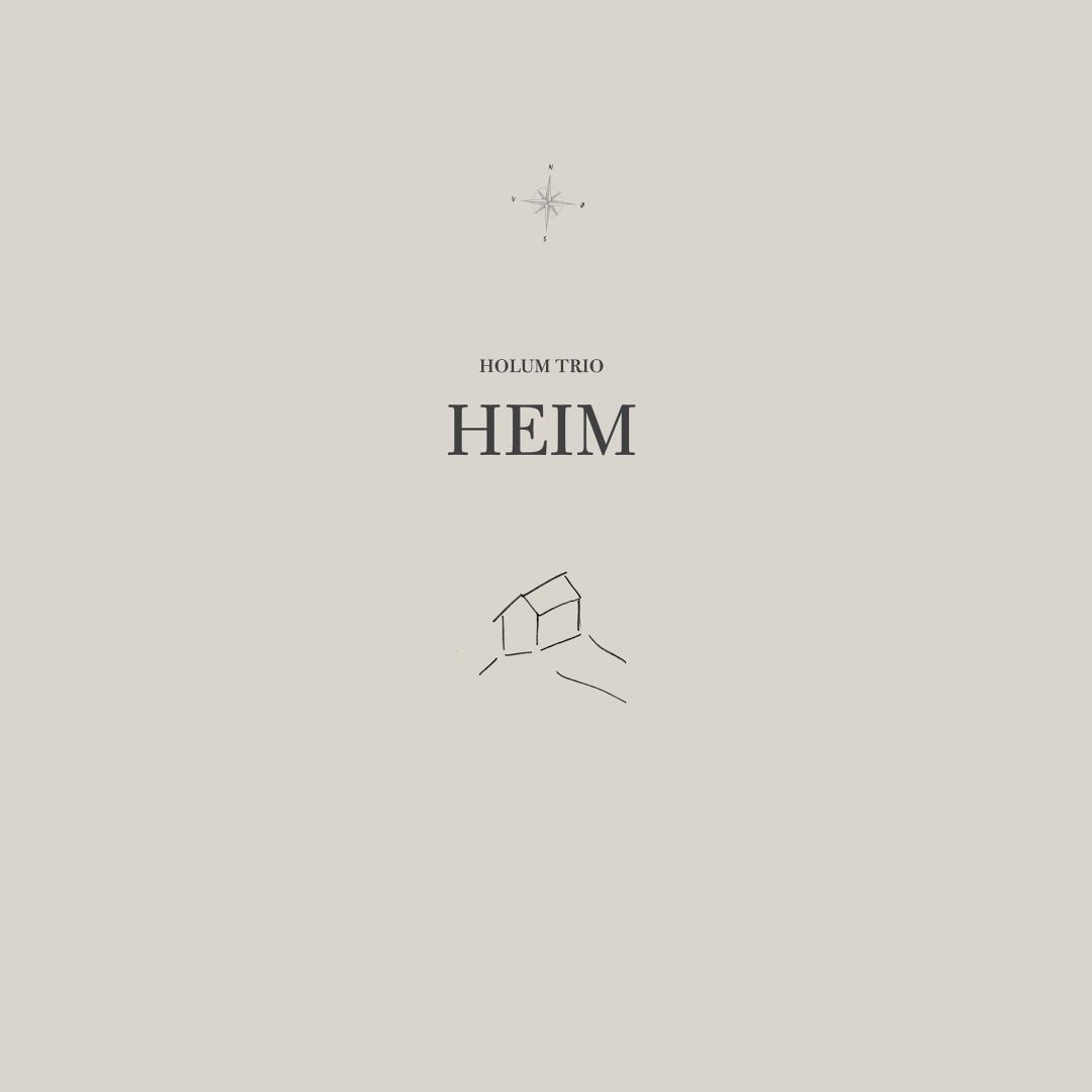 Minimalist album cover with beige background featuring a compass star at top, "HOLUM TRIO" and "HEIM" text in center, and simple line drawing of a house below.