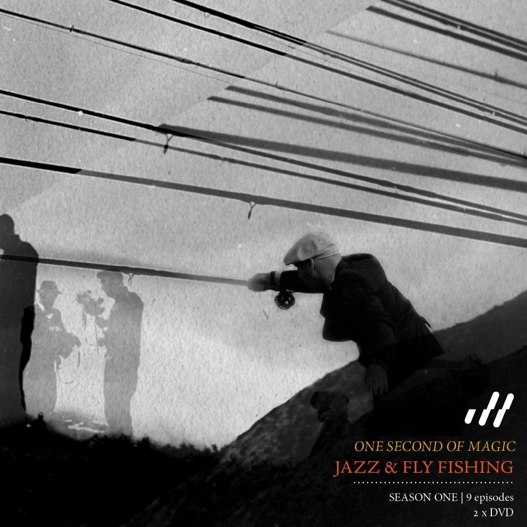 Black and white silhouette of person fly fishing with rod extended, power lines overhead, mountains in background, moody atmospheric composition for jazz album artwork.