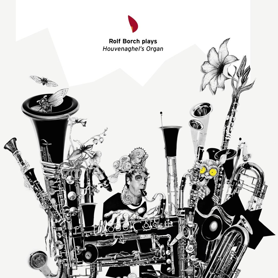 Black and white album cover featuring Rolf Borch surrounded by various wind instruments, flowers, and whimsical illustrations with red accent