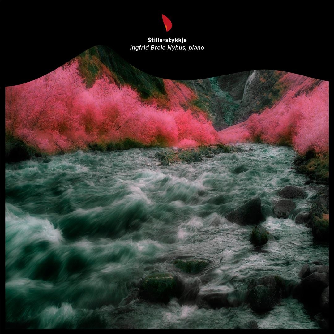 Surreal landscape with rushing turquoise water in foreground and vibrant pink-magenta hills against black sky, creating dreamlike album cover for piano music
