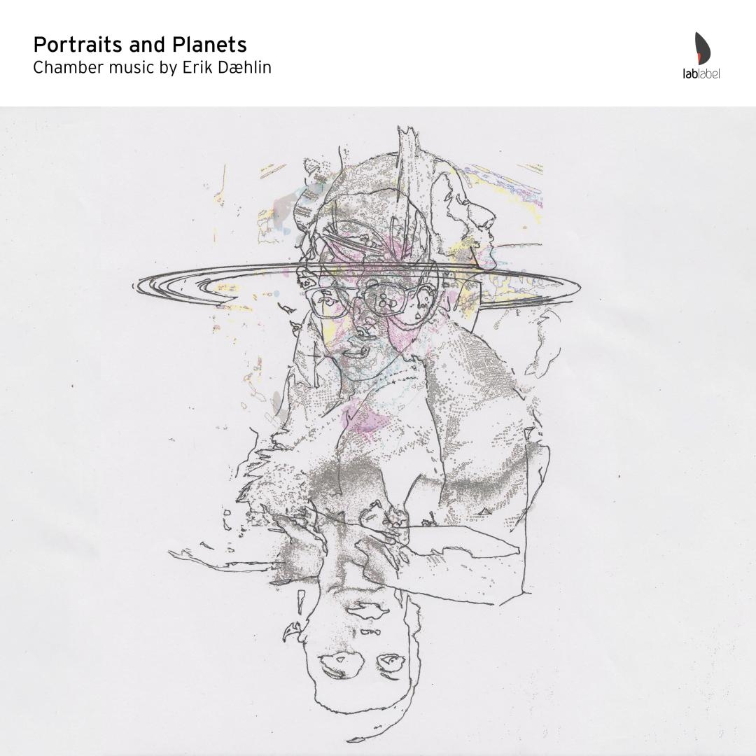 Album cover featuring an abstract sketch of a figure with glasses and planetary rings, rendered in muted grays with subtle pink and yellow accents on white background.