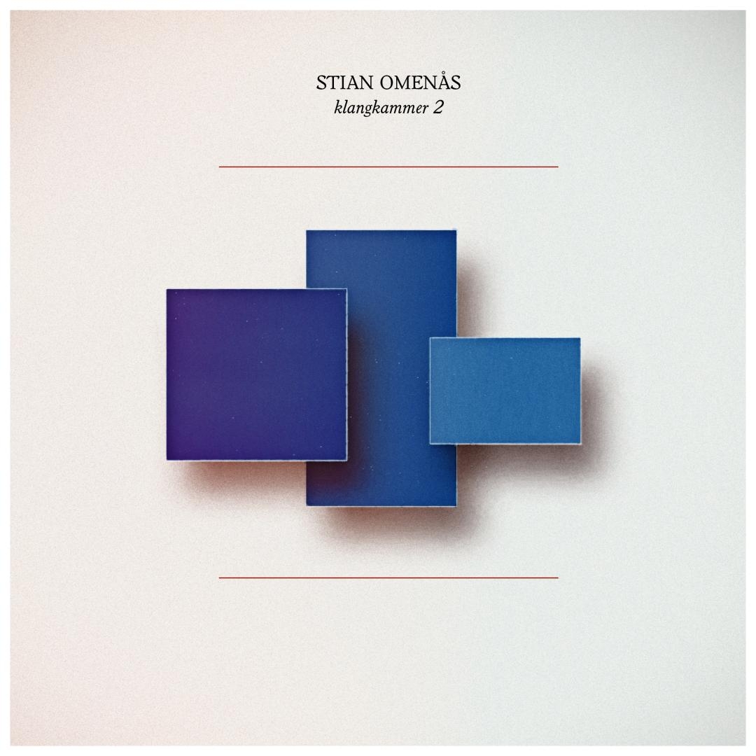 Album cover featuring three overlapping blue geometric squares in varying shades from dark purple-blue to light blue against a white background, with "STIAN OMENÅS klangkammer 2" text above.