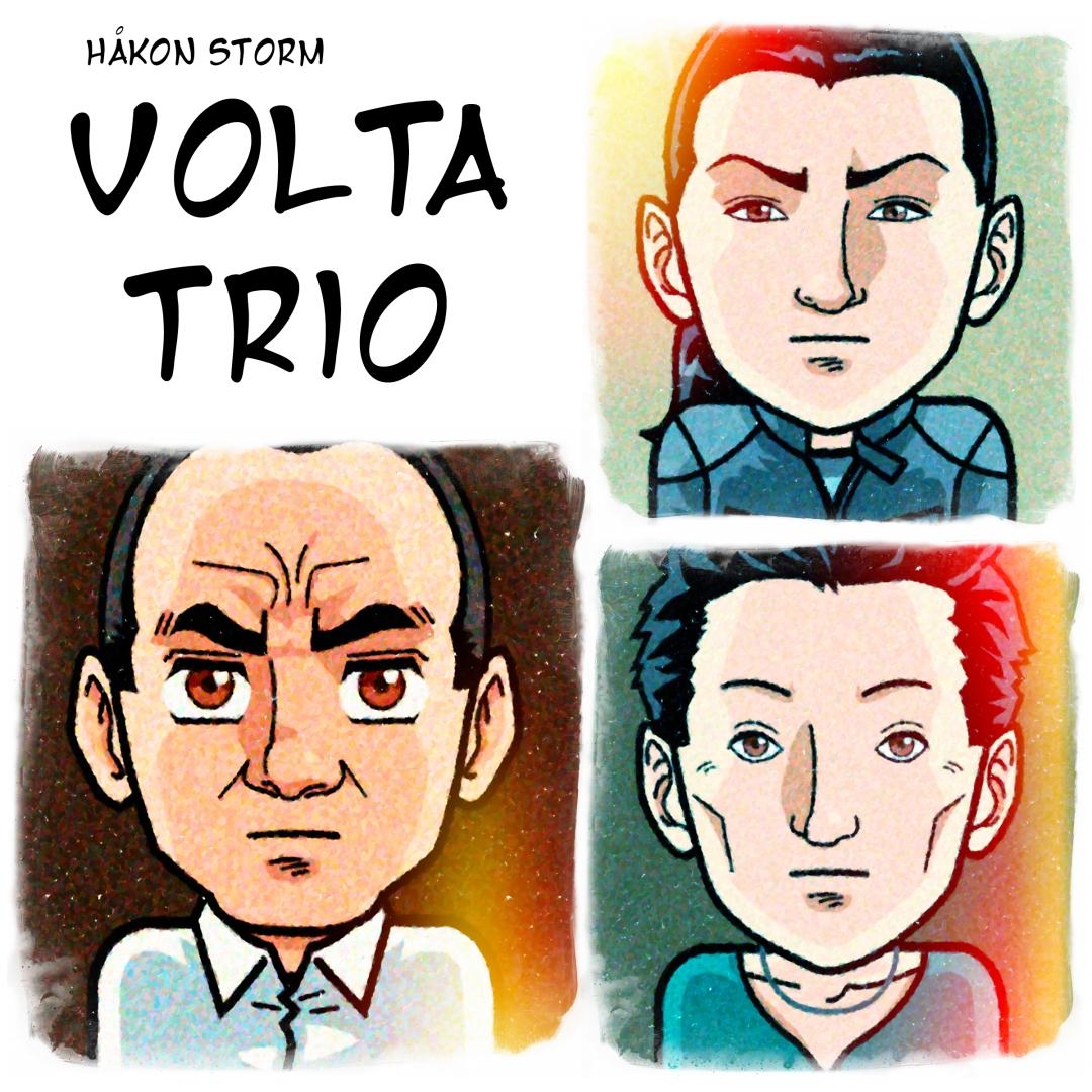 Colorful illustrated portrait triptych showing three male faces in artistic cartoon style with vibrant rainbow backgrounds, titled "Håkon Storm Volta Trio