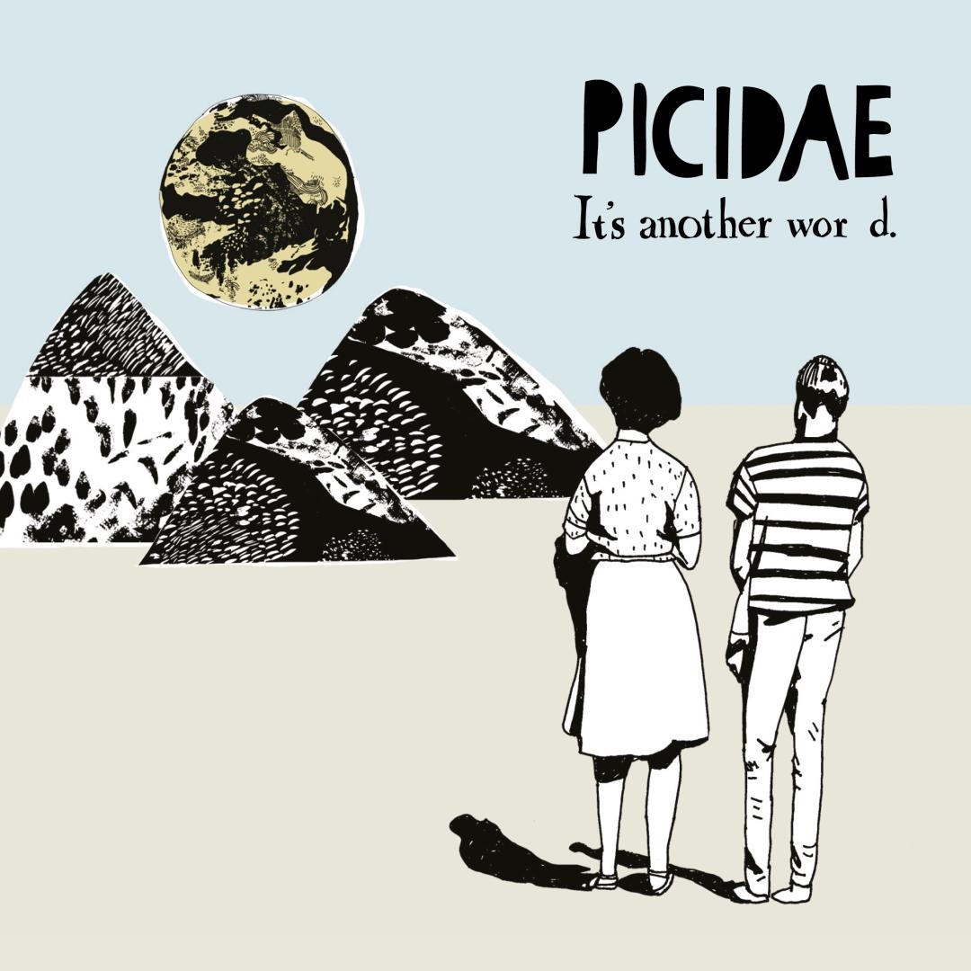 Black and white illustration showing two figures viewing a surreal landscape with geometric mountains, a celestial body, and "PICIDAE It's another wor d." text on pale background.