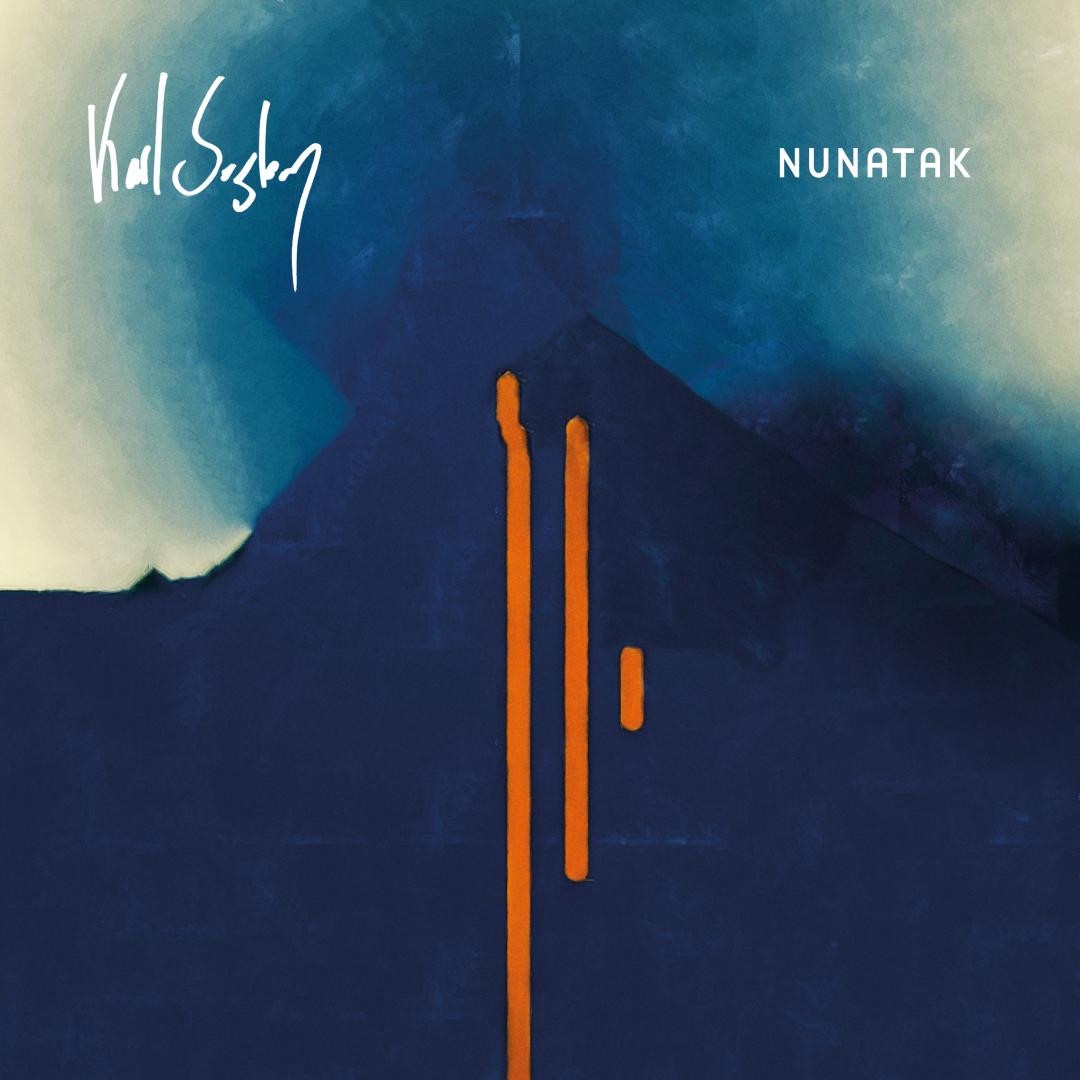 Album cover featuring abstract blue mountain silhouette against cloudy sky with orange vertical lines in foreground. White text reads "Karl Seglem" and "NUNATAK".
