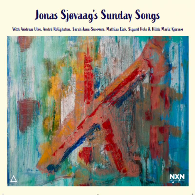 Abstract painting with vibrant brushstrokes in red, blue, turquoise, yellow and white creating dynamic diagonal composition for Jonas Sjøvaag's Sunday Songs album cover
