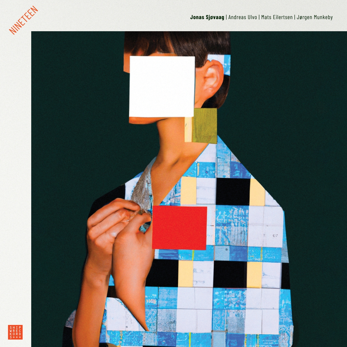 Album cover showing person against dark green background with geometric colored squares overlaying their body and white square covering face, creating abstract collage effect