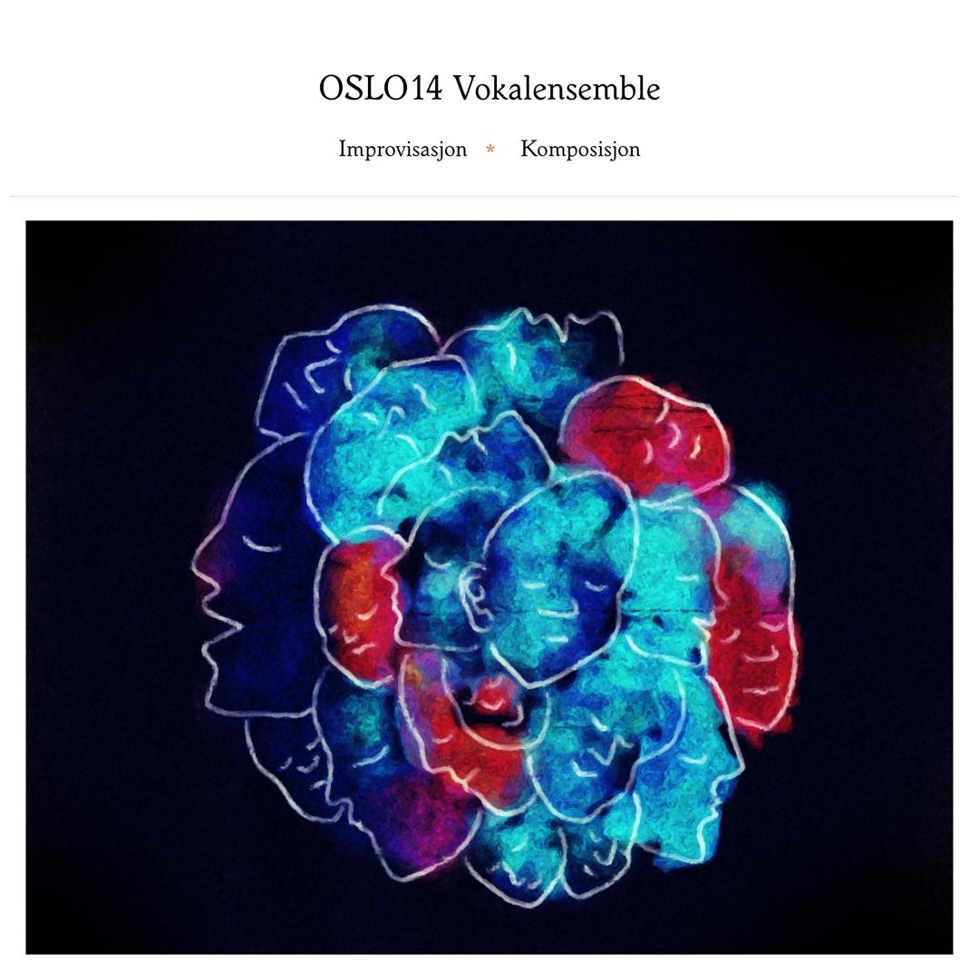 Artistic album cover showing overlapping translucent profile silhouettes in vibrant blues, teals, and reds against black background for Oslo14 Vokalensemble