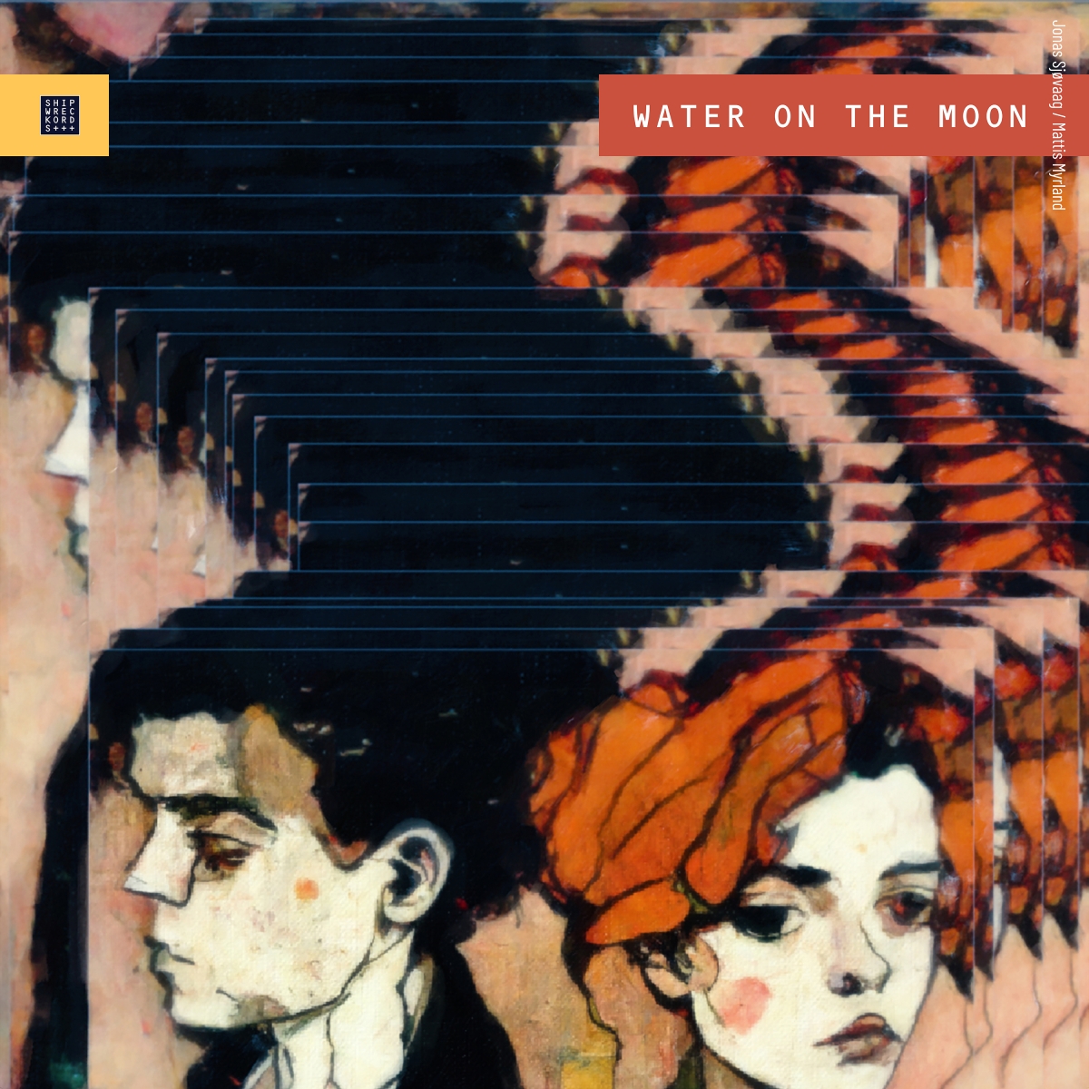 Album cover showing repeated illustrated portraits of a dark-haired man and orange-haired woman in warm tones with "WATER ON THE MOON" text overlay