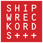 Red square logo with white text reading "SHIPWRECKORDS+++" arranged in a 4x4 grid format, creating a bold, modern typographic design.