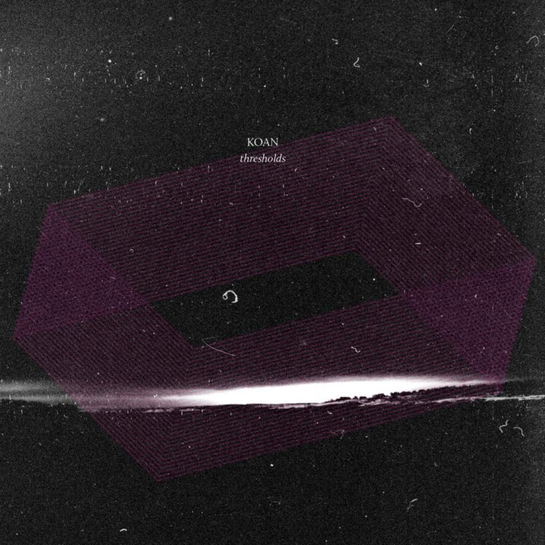 Dark space background with purple wireframe geometric structure resembling a twisted rectangular portal, white light beam cutting through center, creating mysterious sci-fi atmosphere for Koan's "Thresholds" album artwork.