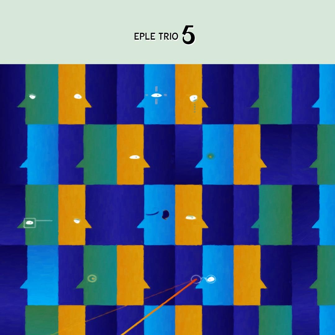 Abstract album cover featuring colorful geometric pattern of interlocking profile silhouettes in blue, orange, teal, and navy. White dots and red diagonal line accent the design.