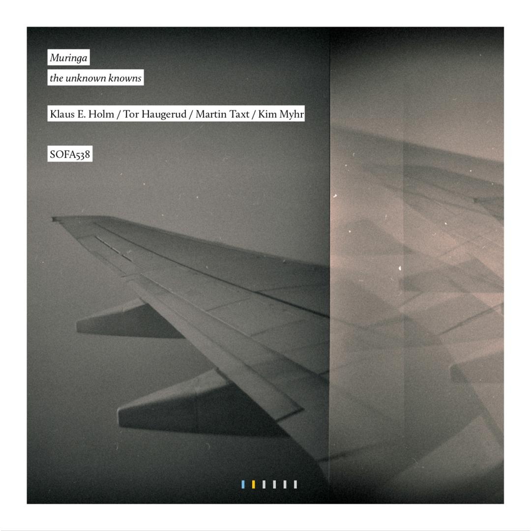 Split image showing airplane wing against dark sky on left, abstract light patterns through window on right. Muted grays and blacks create moody atmospheric composition for album artwork.