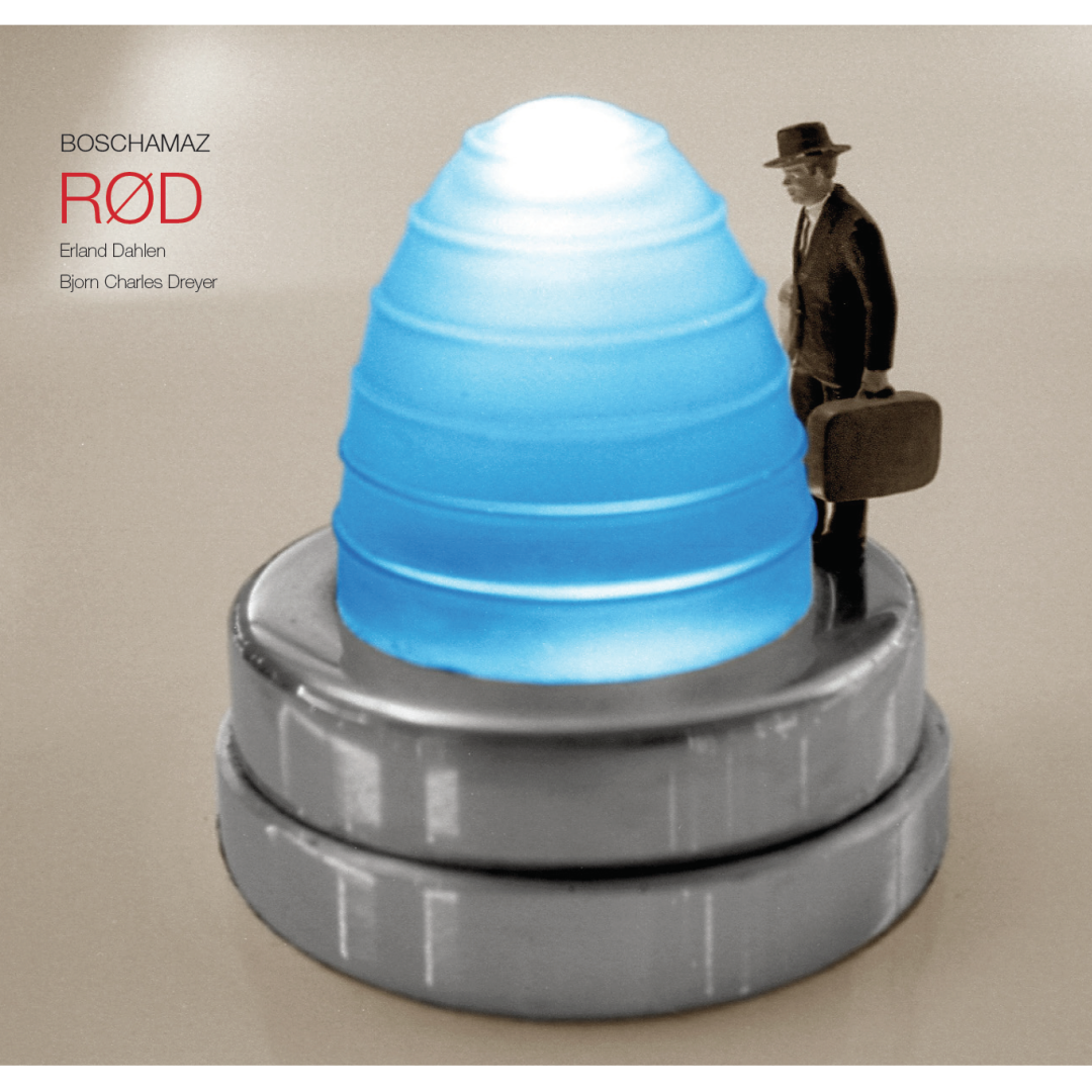 Album artwork showing a glowing blue cone-shaped structure on metallic base with suited figure holding briefcase, minimalist beige background