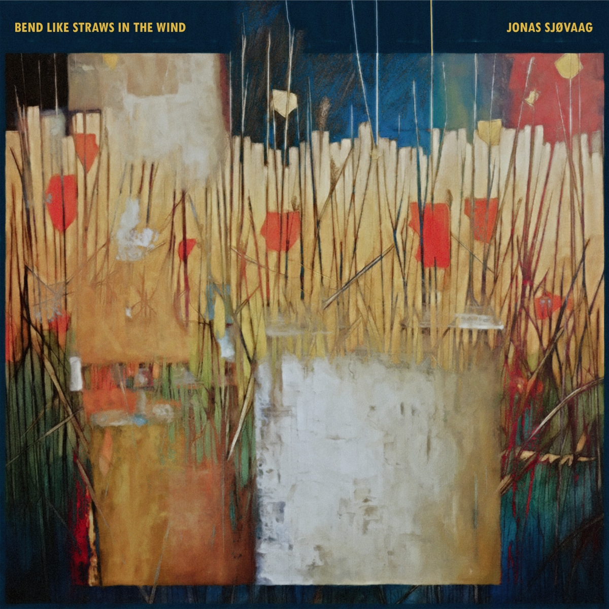 Abstract album cover with tall golden straws against colorful geometric shapes in blues, reds, and yellows, creating a windswept meadow effect.