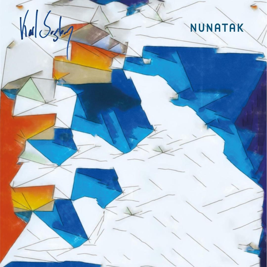 Geometric abstract album cover featuring angular white ice formations with blue shadows and warm orange/yellow accents, creating a crystalline arctic landscape composition.