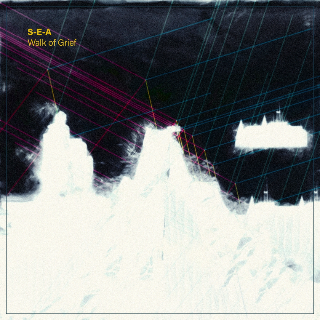 Abstract album artwork with white mountainous shapes against dark sky, overlaid with intersecting pink and blue geometric lines creating a futuristic grid pattern.