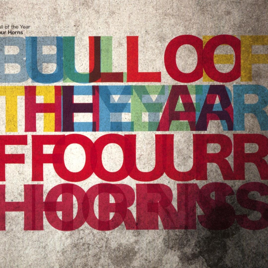 Colorful typography artwork with "BULL OF THE YEAR FOUR HORNS" in overlapping blue, red, green, and yellow letters on textured gray background