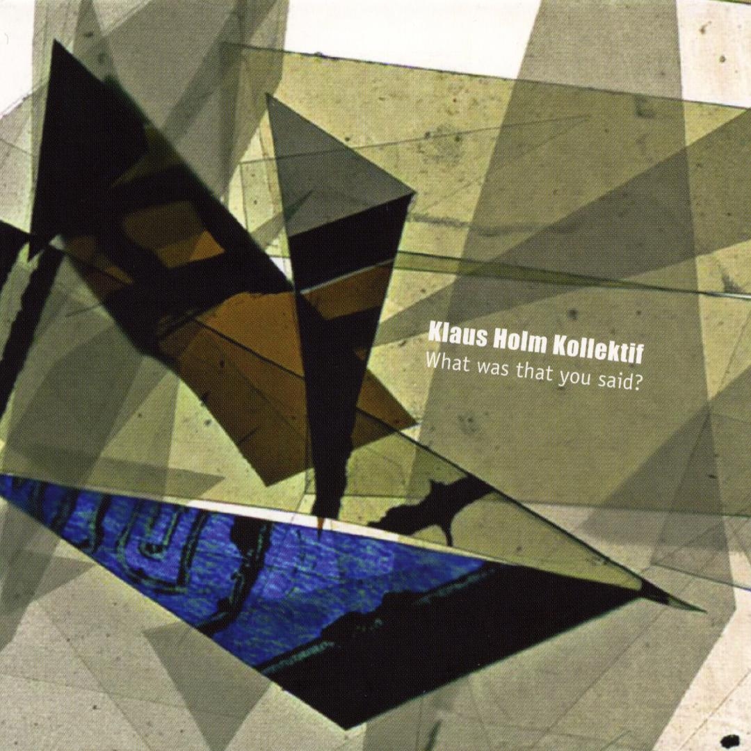 Abstract geometric artwork with overlapping triangular shapes in muted greens, browns, and blues, featuring "Klaus Holm Kollektif" text overlay.