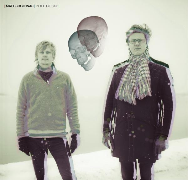 Two men in winter coats standing in snowy landscape with floating translucent skulls above, muted green and purple tones, ethereal mood