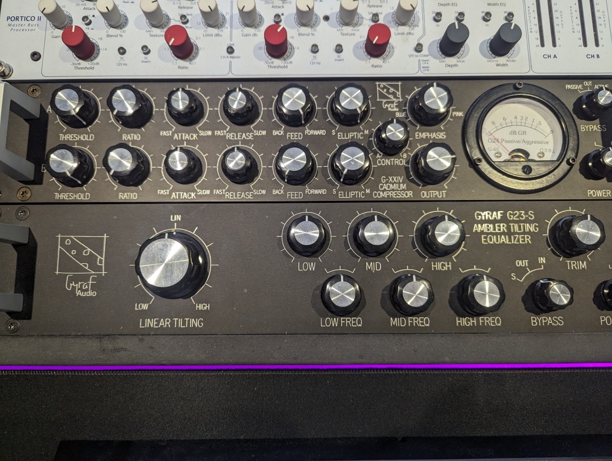 Professional audio equipment rack showing analog compressors and equalizers with silver knobs, VU meters, and black control panels in studio setting.