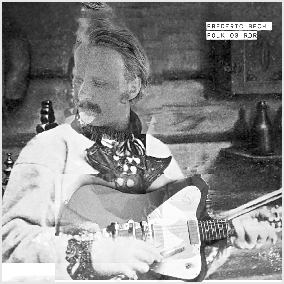 Black and white album cover showing musician Fredrik Bech playing guitar while sitting cross-legged, wearing traditional folk clothing with decorative vest