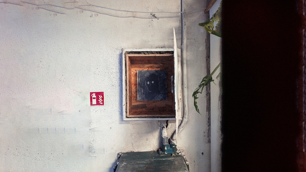 White wall with wooden-framed dark artwork, red fire safety sign, exposed pipes, and plant visible in corner creating industrial artistic atmosphere