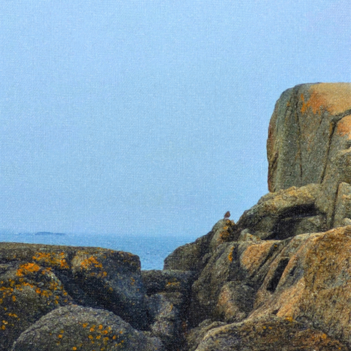 Rocky coastal cliffs with orange lichen patches against bright blue sky, showing rugged stone formations and distant ocean horizon