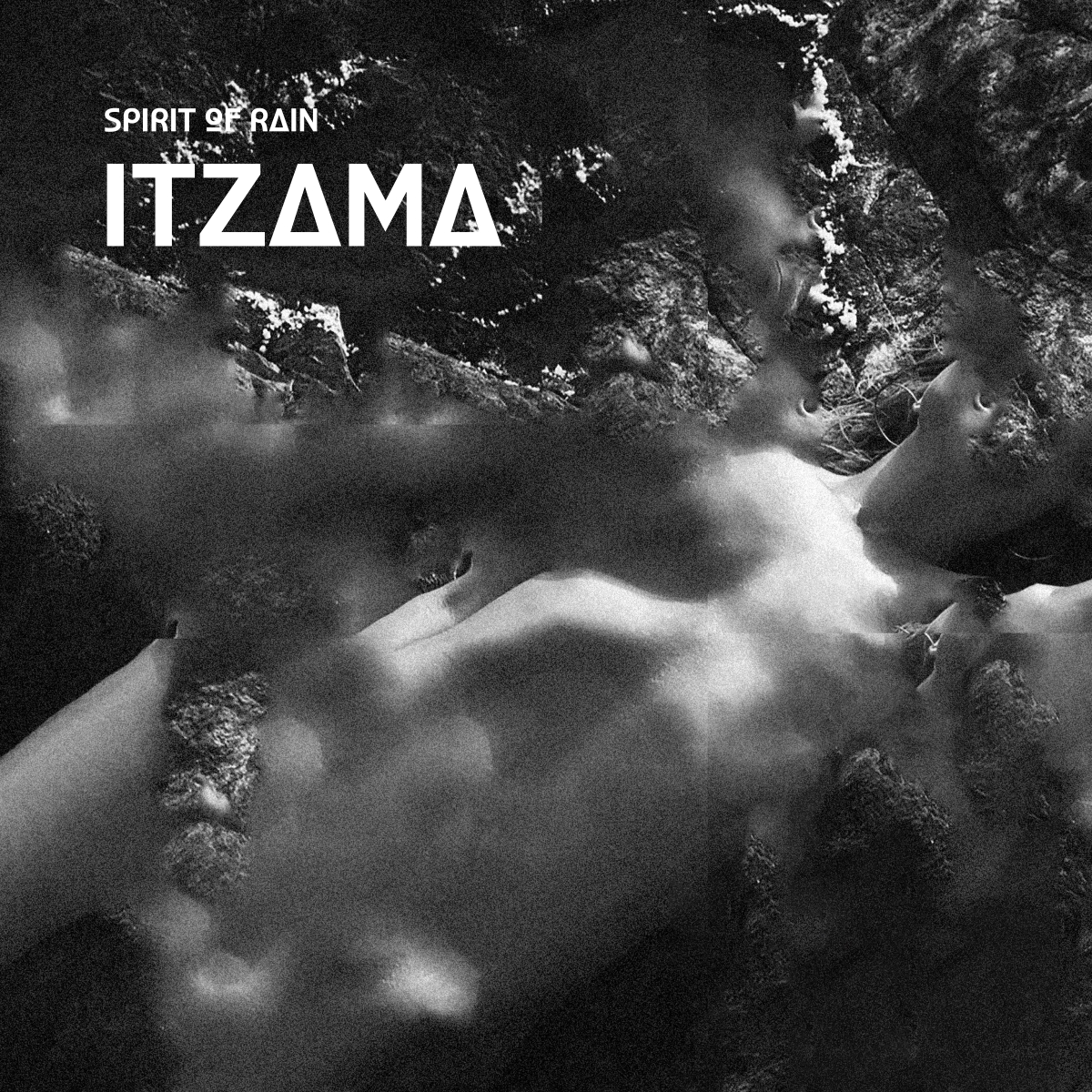 Black and white album cover showing a person's nude torso underwater with cloudy, ethereal lighting effects. Title "ITZAMA" and "SPIRIT OF RAIN" in white text.