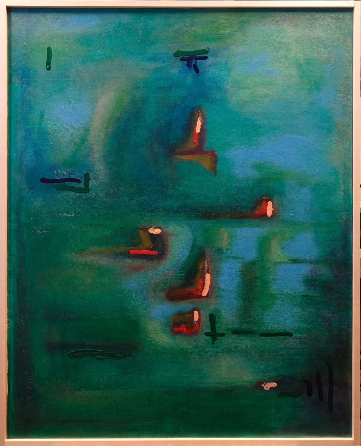 Abstract painting with turquoise and blue background featuring scattered dark horizontal lines and small red-orange circular forms throughout the composition.