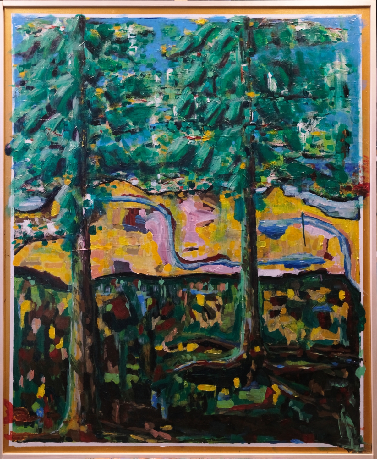 Vibrant abstract expressionist painting with bold green foliage above, yellow and pink rocky formations in middle, dark earth tones below in wooden frame