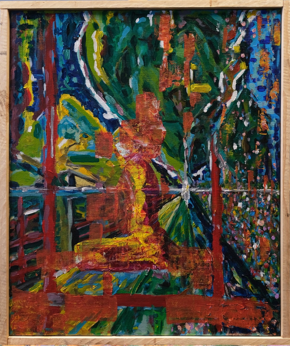 Vibrant abstract painting with bold brushstrokes in green, red, yellow, and blue colors within a natural wood frame, creating an energetic composition