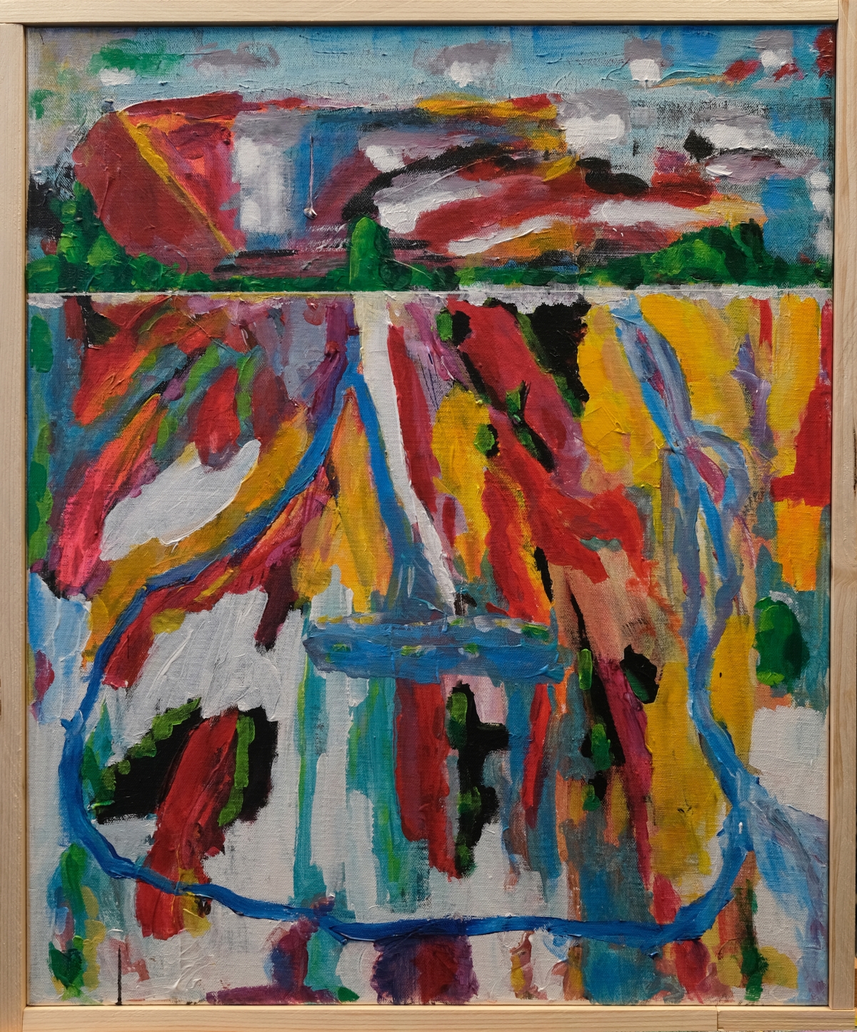 Abstract expressionist painting with vibrant reds, yellows, blues, and greens in loose brushstrokes, divided by horizontal white band, in natural wood frame.