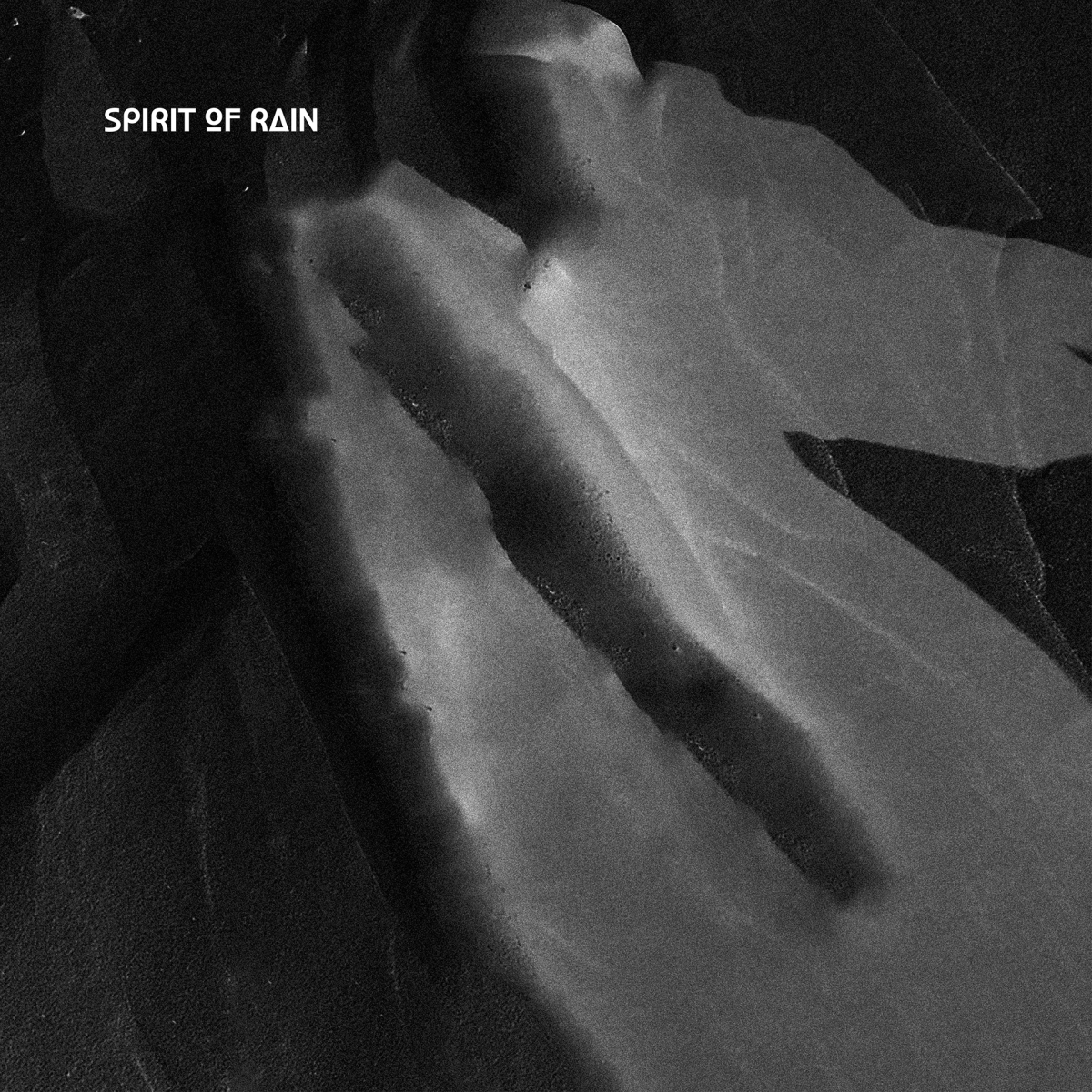 Black and white grainy photograph showing blurred human figures in intimate embrace, creating a dreamy, ethereal mood with soft shadows and atmospheric lighting.