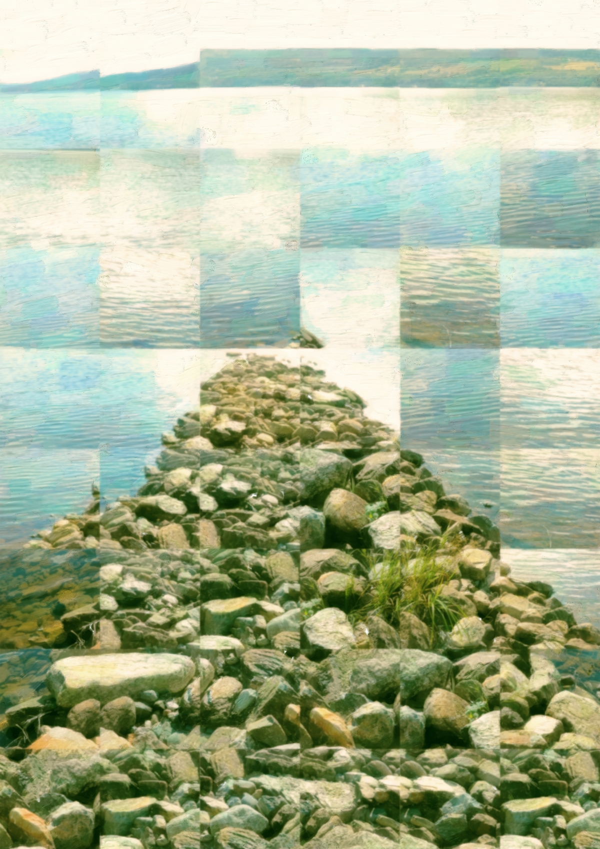 Rocky stone jetty extending into calm blue-green water with rolling hills in background, overlaid with geometric fragmented filter effect