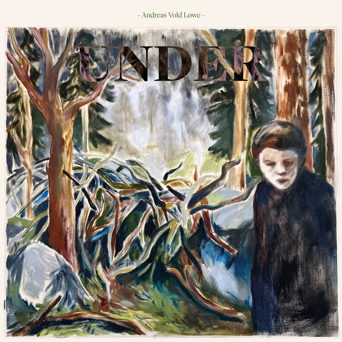 Expressionist painting showing figure in dark clothing amid vibrant forest with twisted trees, flowing brushstrokes in greens, blues, browns creating dynamic woodland scene