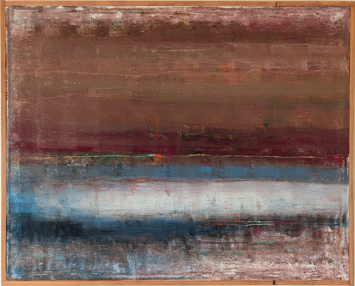 Abstract painting with horizontal bands of muted browns, blues, and whites creating a hazy, atmospheric landscape-like composition in warm earth tones.