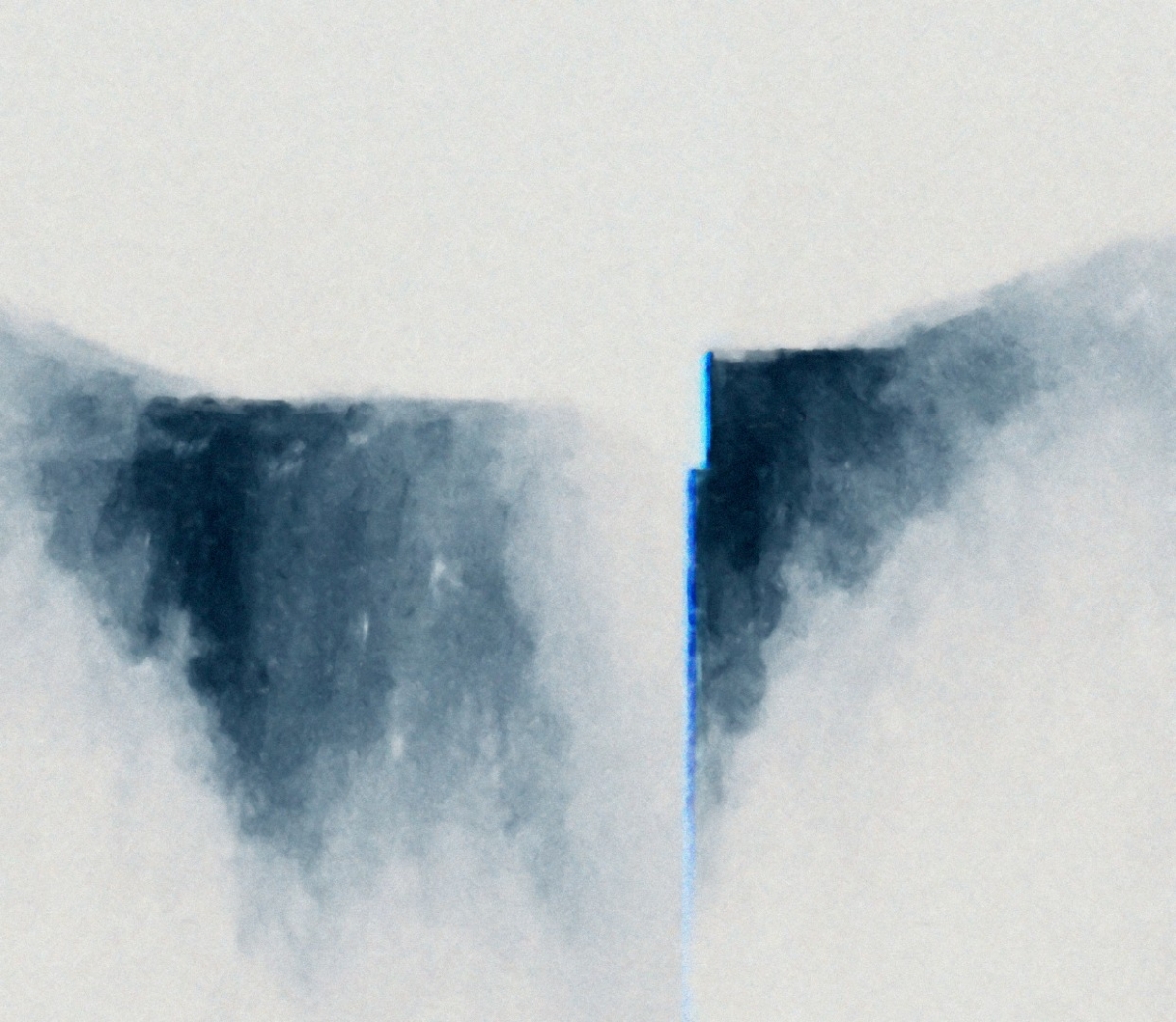 Abstract watercolor painting with soft blue-gray washes forming misty mountain-like shapes against pale background, featuring a single vertical blue line