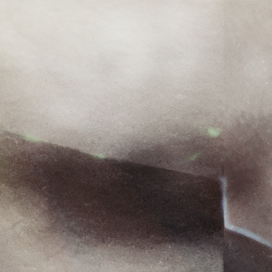 Hazy, atmospheric interior space with muted beige and brown tones, featuring curved architectural elements and soft green light spots creating a dreamlike, ethereal mood.