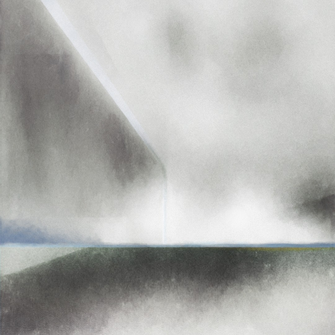 Soft, ethereal landscape with misty gray clouds above a dark hillside, creating a dreamy, atmospheric composition in muted tones