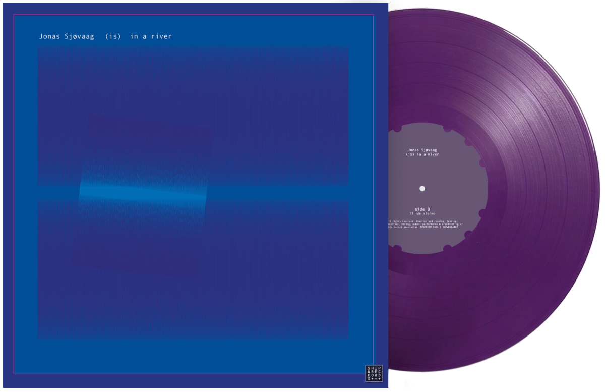 Blue album cover with minimalist design next to purple vinyl record, titled "Jonas Sjovaag (is) in a river" in clean typography