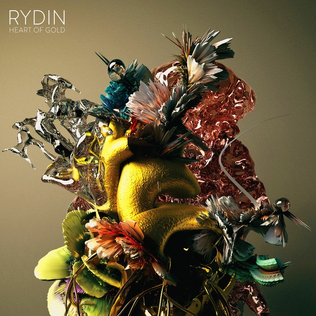 Surreal floral arrangement with metallic golden elements, colorful feathers, and reflective materials against muted background for Rydin's Heart of Gold album cover.
