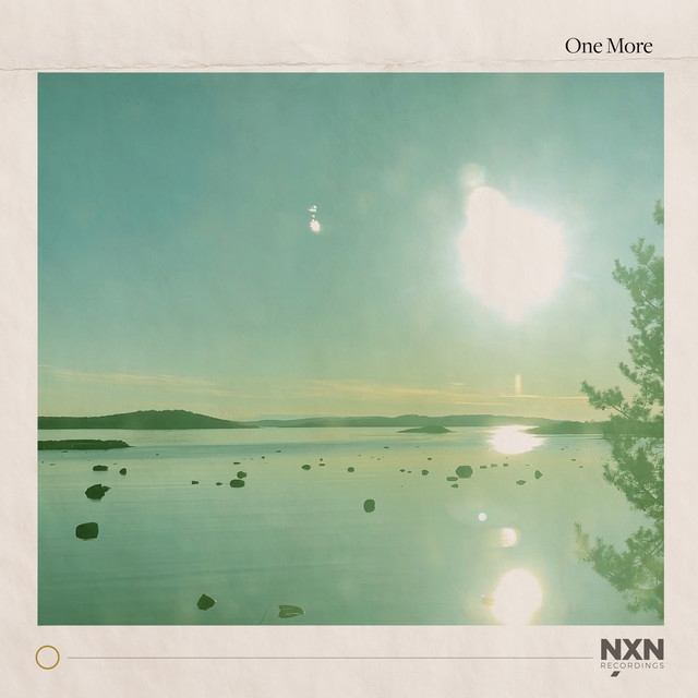 Serene lake scene with green-tinted sky, sun reflection on water, scattered rocks, distant hills, and tree branch in corner. Peaceful, dreamy atmosphere.