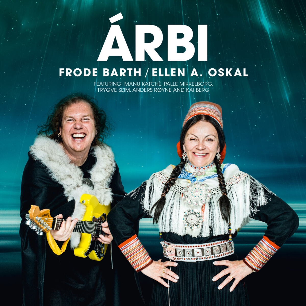 Album cover for "ÁRBI" featuring Frode Barth in fur coat with yellow guitar and Ellen A. Oskal in traditional Sami dress against teal northern lights background