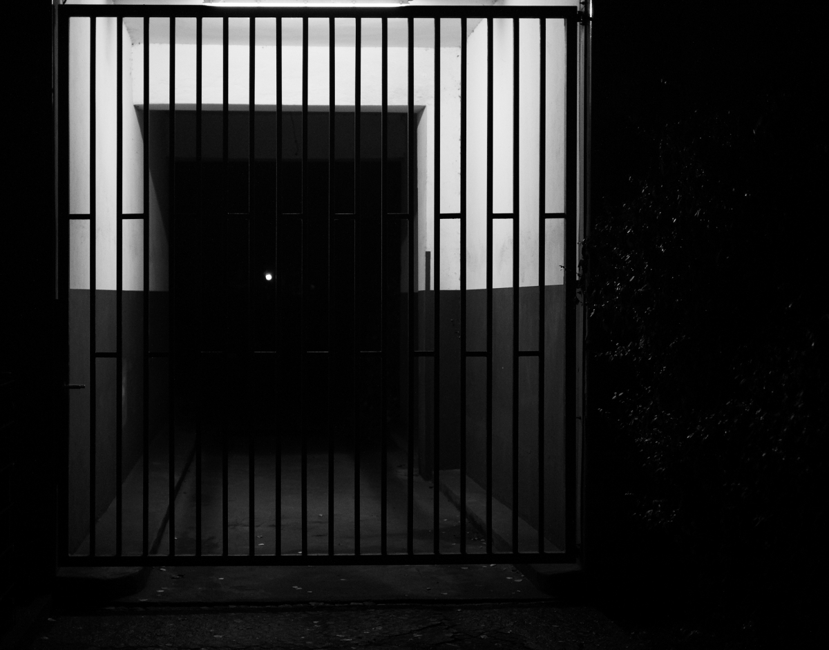 Black and white image of a barred security gate with vertical metal bars casting shadows, creating a stark institutional or prison-like atmosphere in low light.