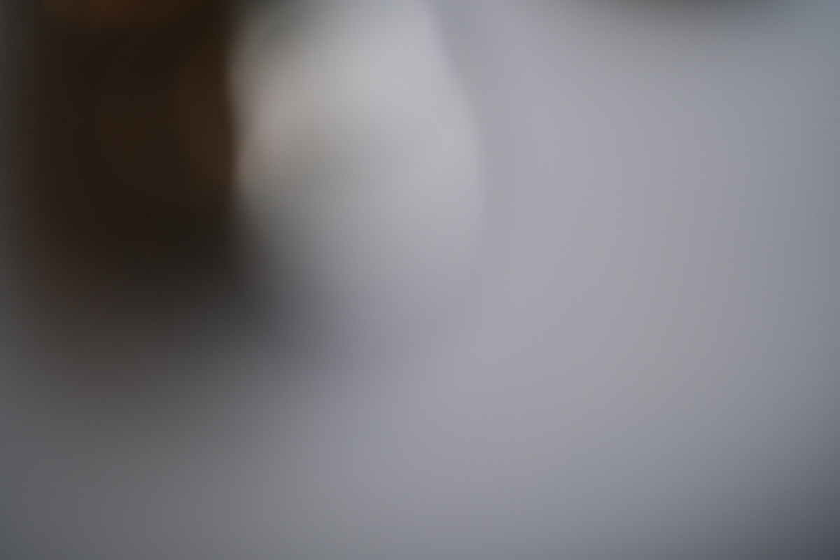 Extremely blurred, out-of-focus photo showing a soft white curved shape against a gray background with dark brown blur in the upper left corner.